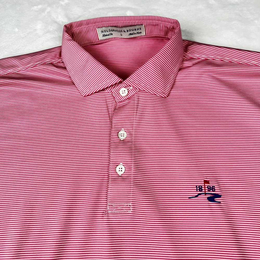 Holderness & Bourne Mens Tailored Fit Golf Polo Pink White Stripe 1896 Large